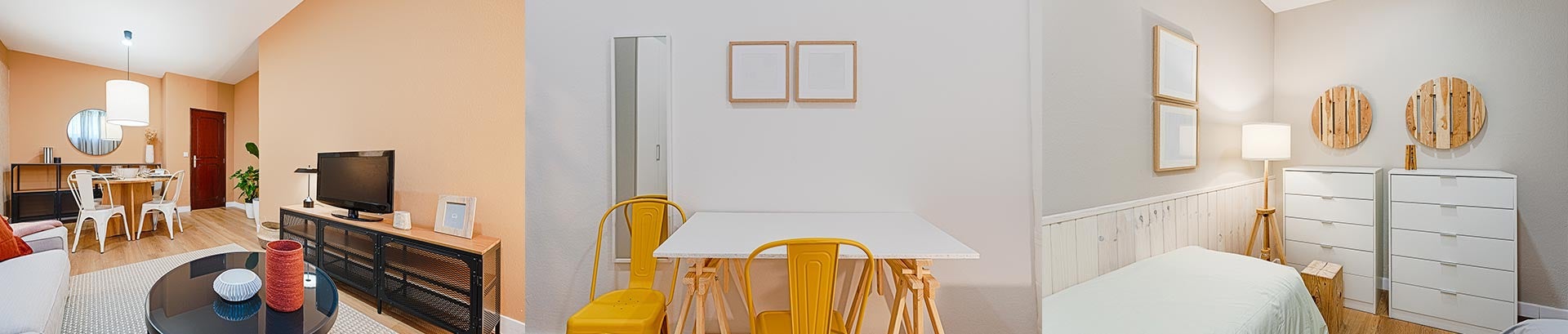 uma sala moderna de estilo industrial e um quarto simples branco com apontamentos de amarelo e madeira 