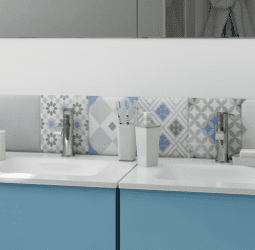 lavatório de casa de banho com móveis azuis, com uma cerâmica com um padrão moderno 