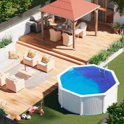 Jardim com deck de madeira, telheiro. mobiliário de exterior, piscina de superfície com tratamento de água