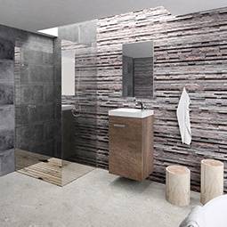 casa de banho com móvel e espelho de casa de banho e cabine de duche