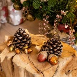 enfeite de natal com pinha e bolotas coloridas junto a árvore de Natal, em tons dourados